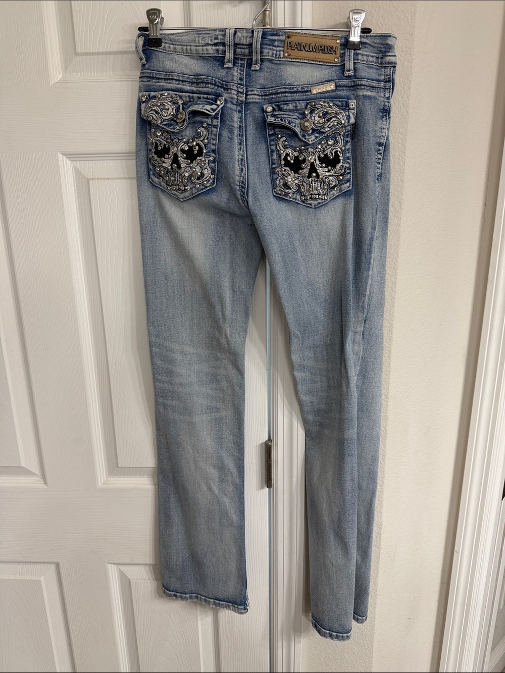 Panhandle Slim Light Blue Straight Leg Jeans with Embellished Skull Pockets